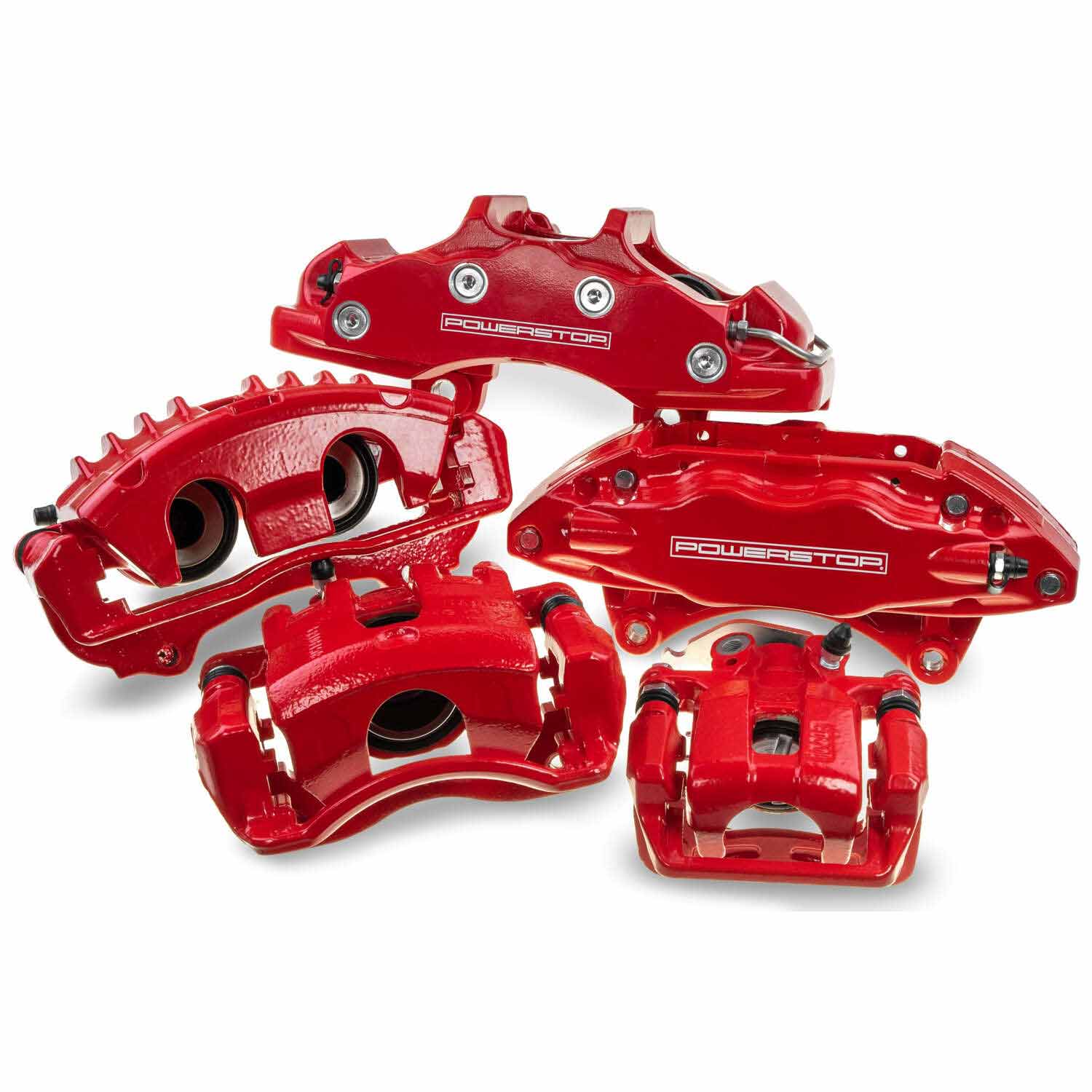 Four red PowerStop brake calipers.