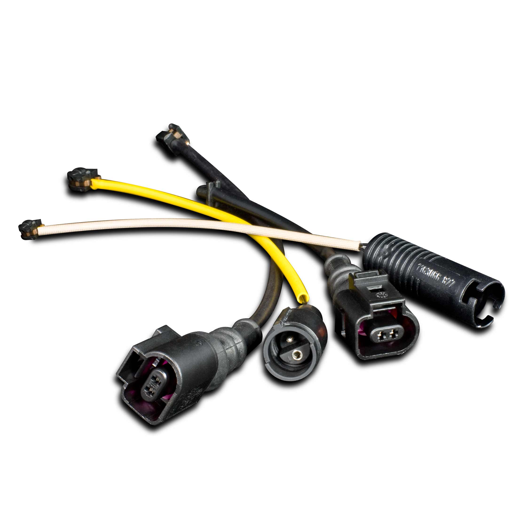 Close-up of four automotive electrical connectors with various colored wires.