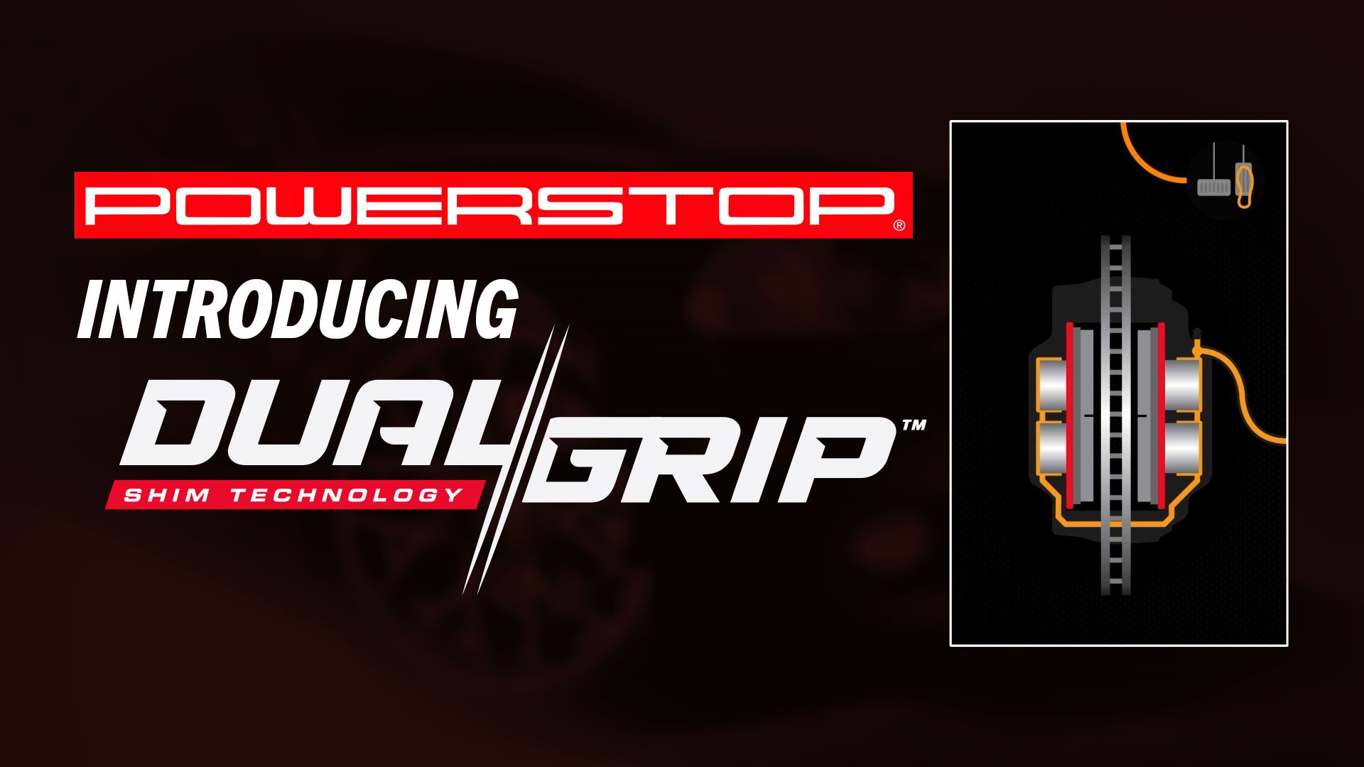 PowerStop introduces Dual-Grip shim technology; diagram shows brake caliper with dual shims.