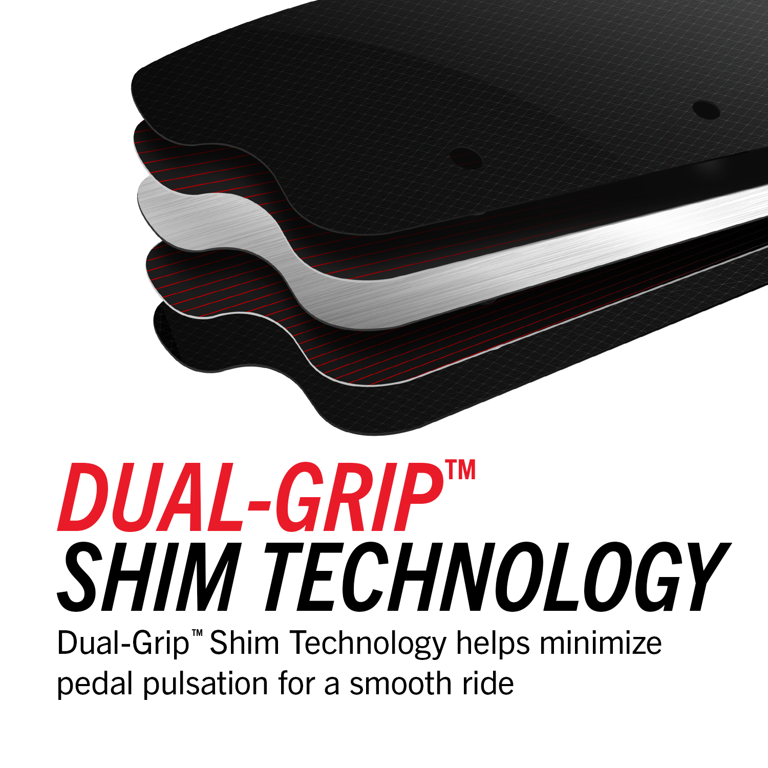 Diagram of Dual-Grip Shim Technology, showing layers of black and metallic materials designed to minimize pedal pulsation for a smooth ride.