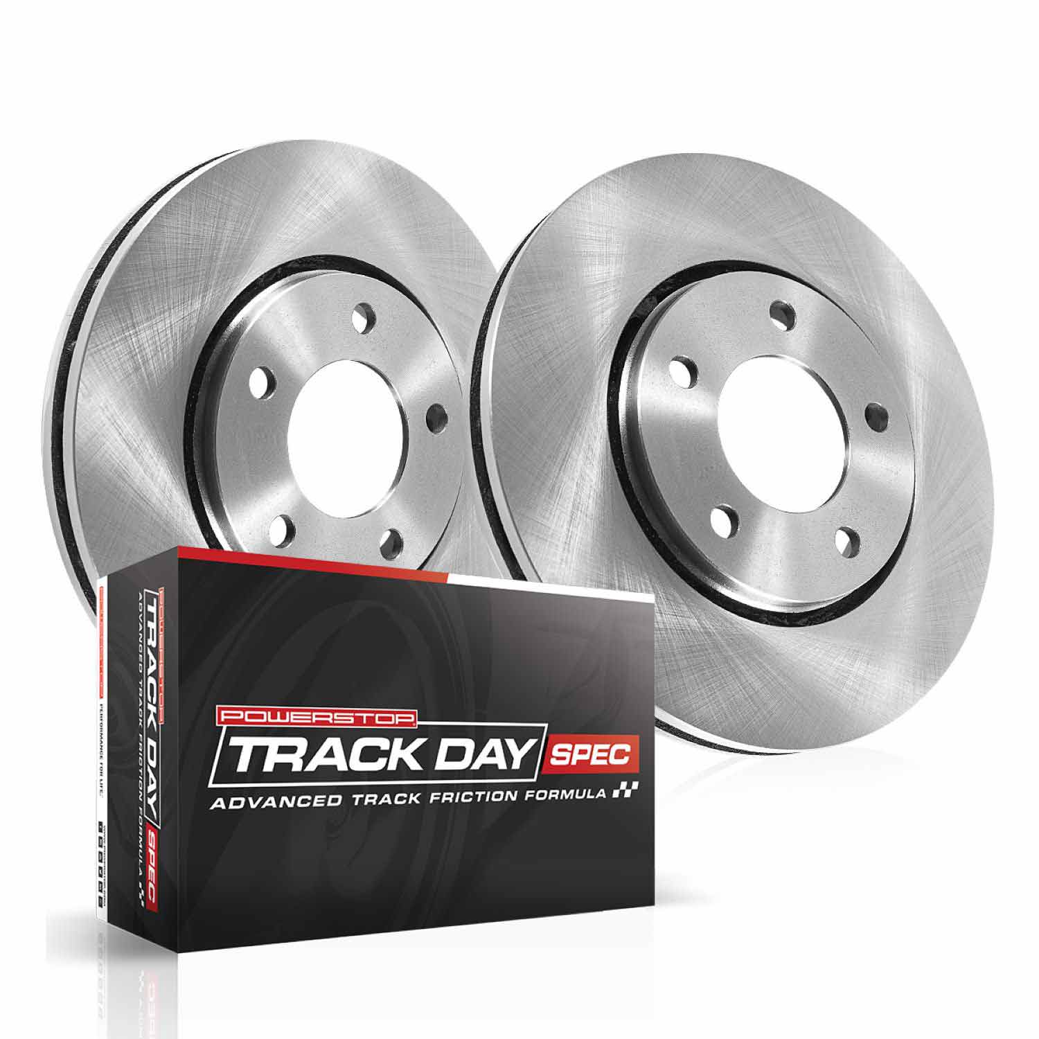 Two Power Stop Track Day Spec advanced track friction formula brake rotors and their box.
