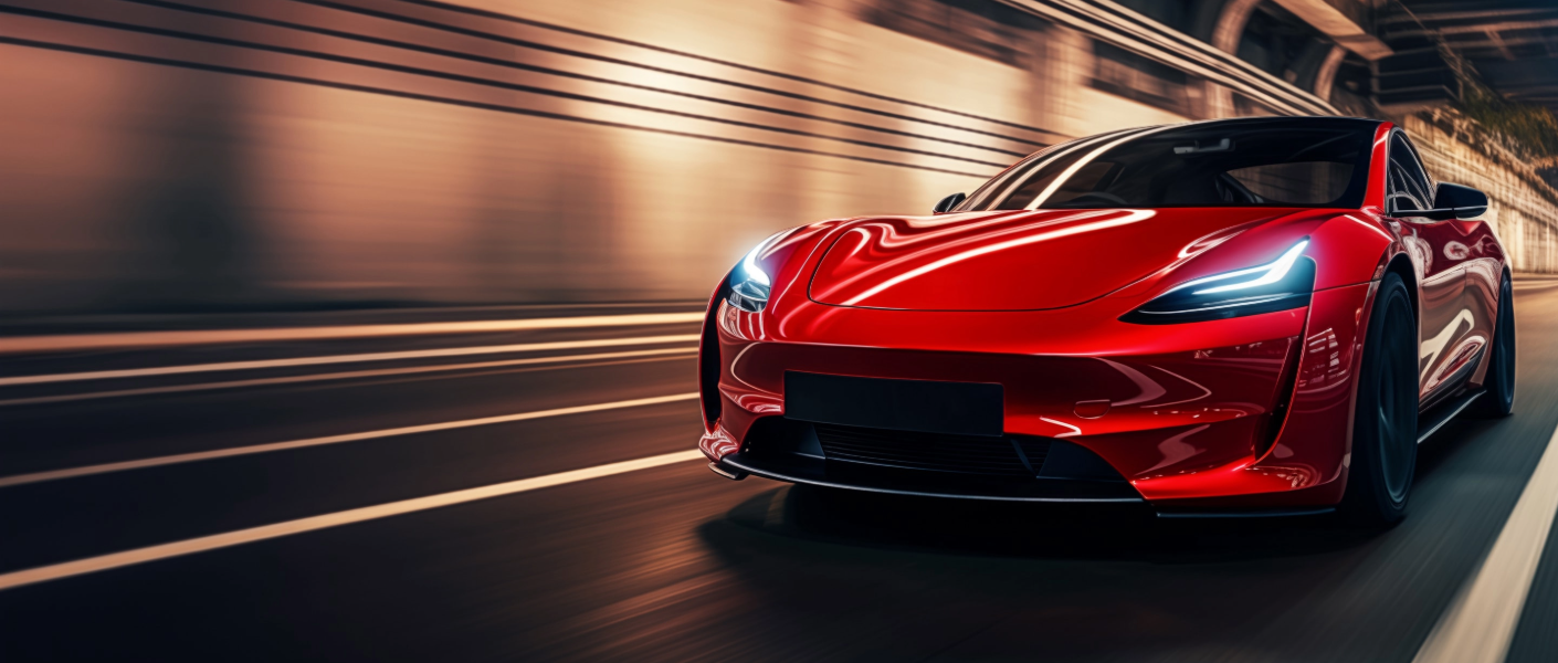 Red sports car speeding through a tunnel.