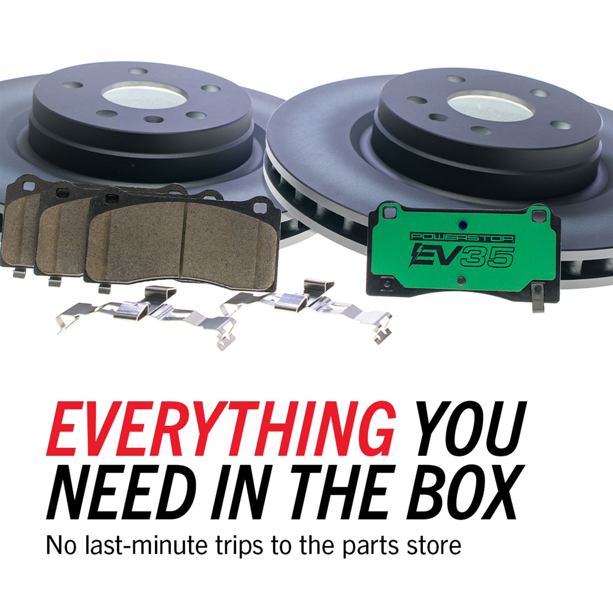 Two brake rotors, brake pads, brake clips, and a Powerstop EV35 sensor. Everything you need for brake replacement is included.
