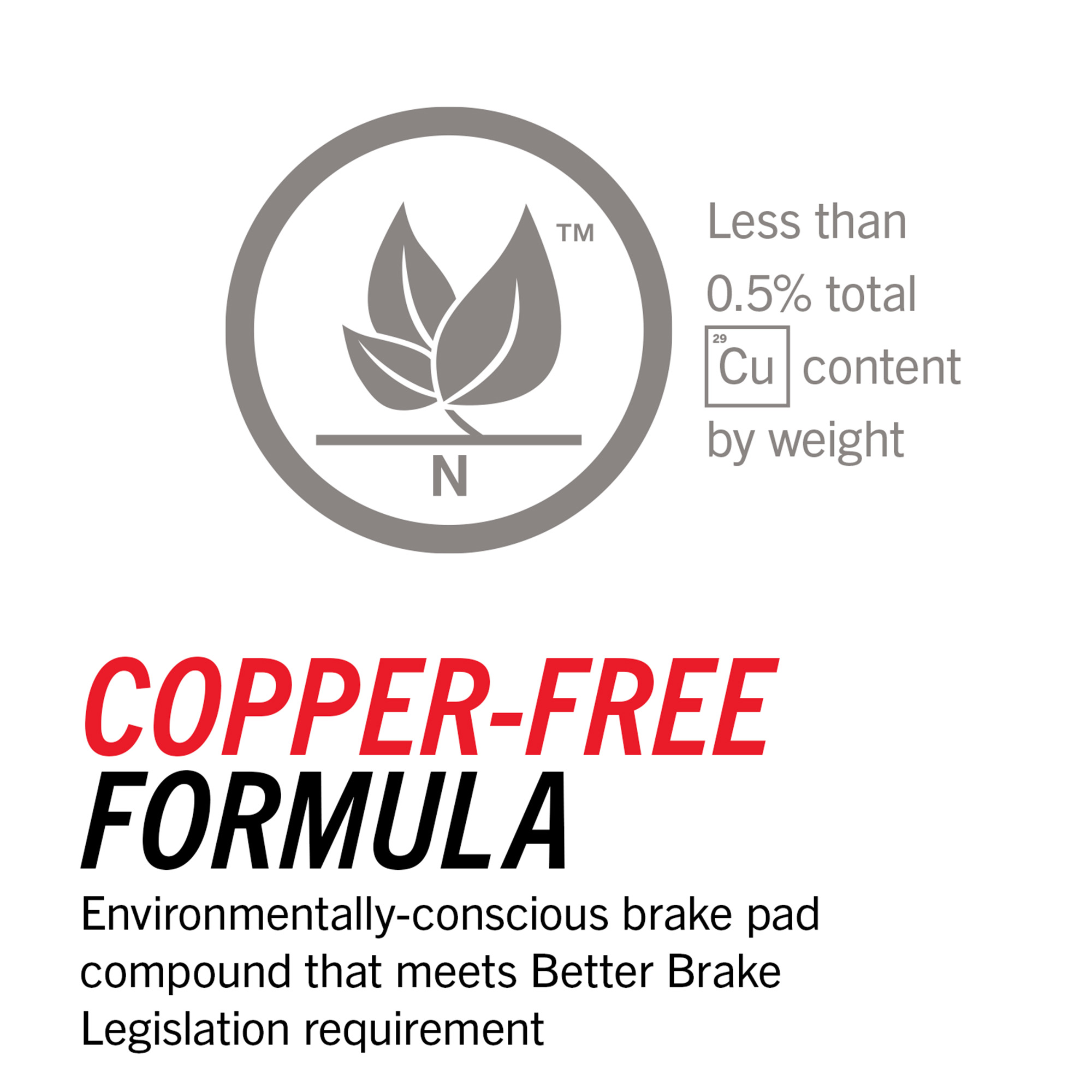 Copper-free brake pad formula; less than 0.5% copper content by weight; environmentally conscious and meets Better Brake Legislation requirements.
